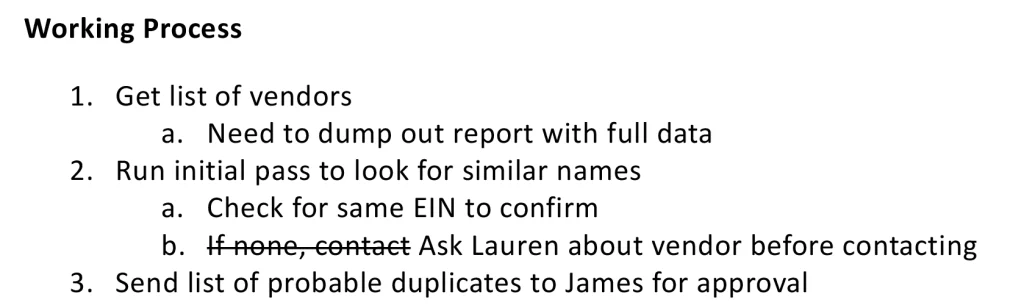 Image of a Word Document as a list.  The list includes a numbered list of steps.  Some items have a sub list below them with notes, including a note with strike-through text.