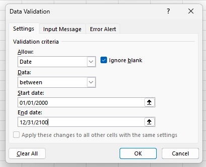 Screenshot from Microsoft Excel Data Validation panel