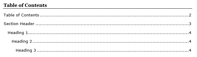 A screenshot of a table of contents, with various entries indented to different levels